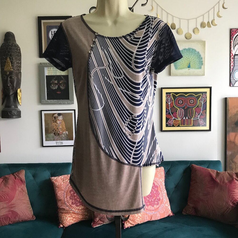 Vintage ARTEX Fashions size S Navy Blue & Beige Artsy Asymmetric Mesh Sleeve Top